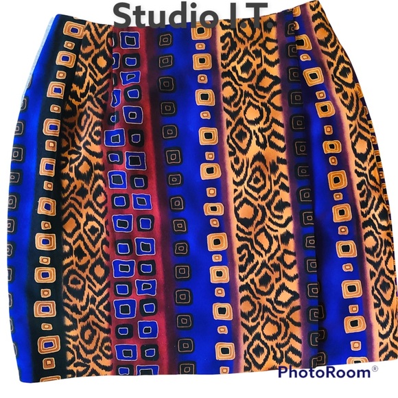 I.T. Studio brown purple black tribal pattern mini skirt faux wrap front Sz 12P - Picture 1 of 10